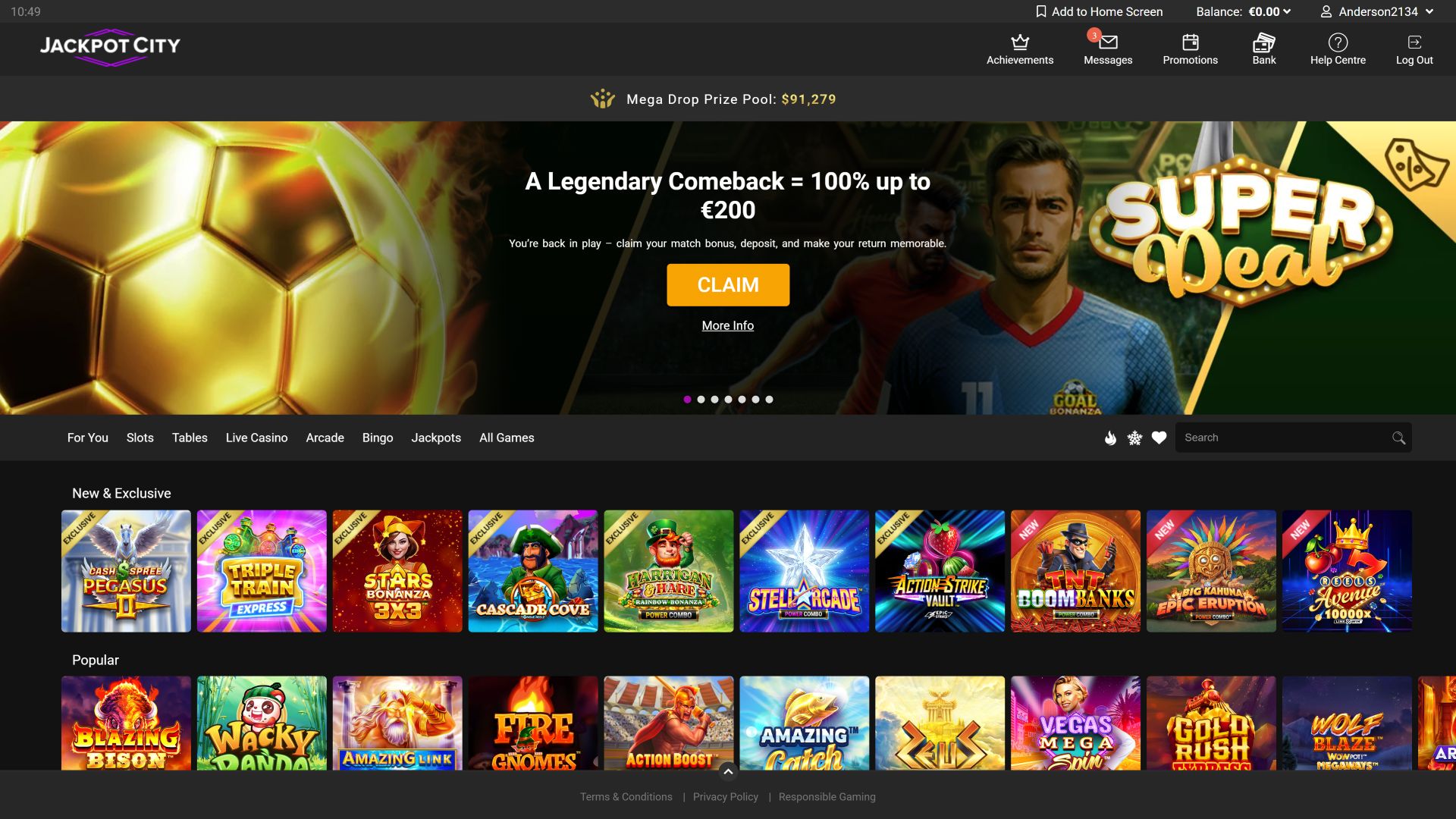 Главная страница казино Jackpot City для настольных компьютеров