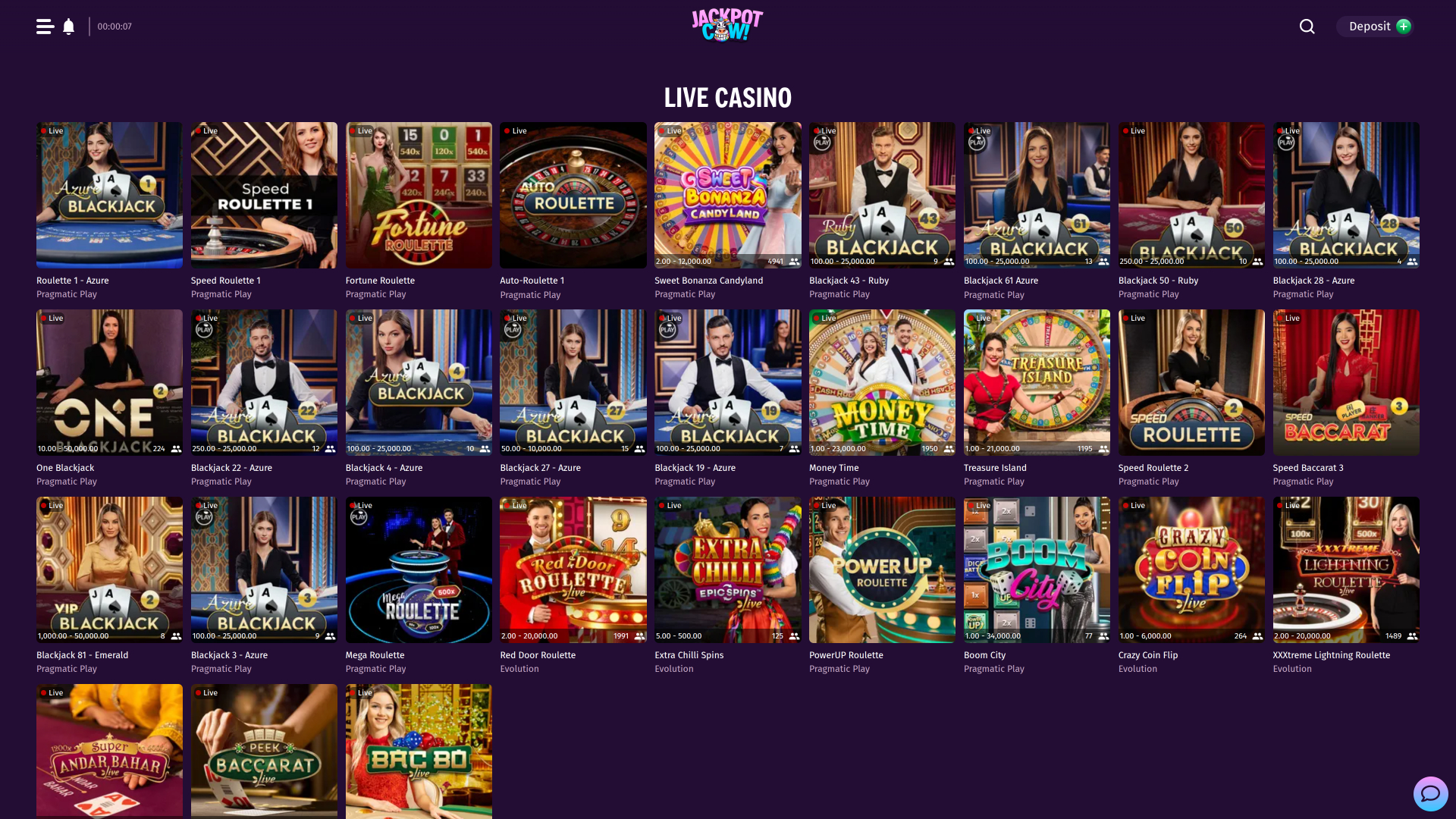 Jackpot Cow Casino Live-Dealer-Desktop