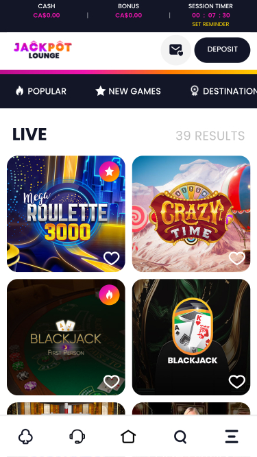 Jackpot Lounge Casino avec croupiers en direct sur mobile