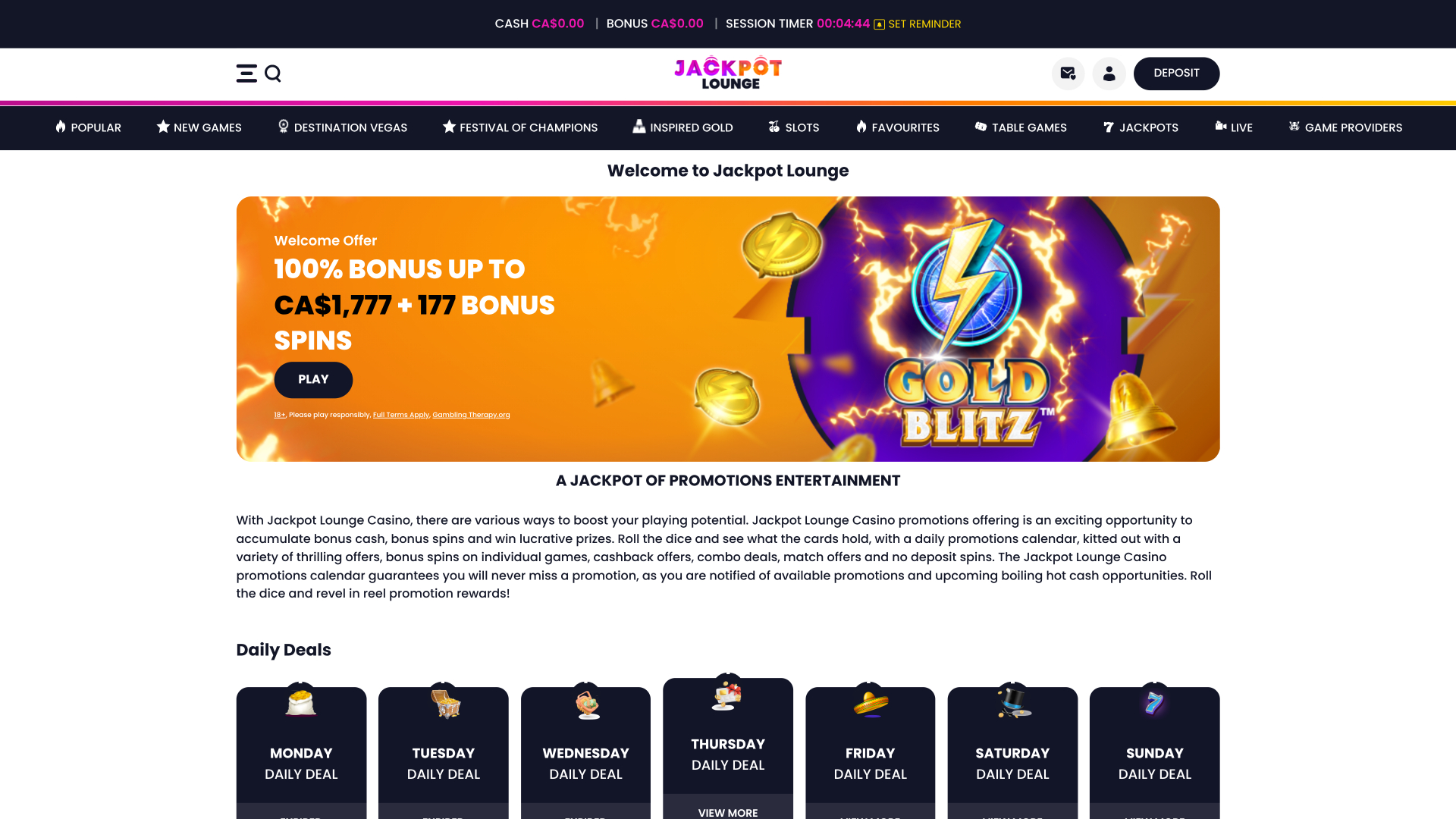 Promotions du casino Jackpot Lounge version bureau