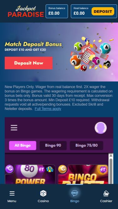 Bingo mobile du casino Jackpot Paradise