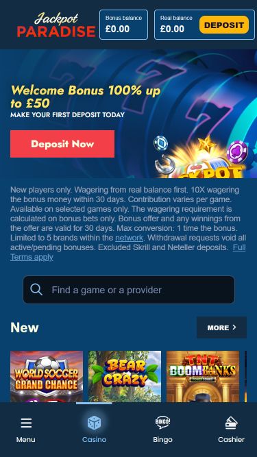Page d'accueil mobile du casino Jackpot Paradise