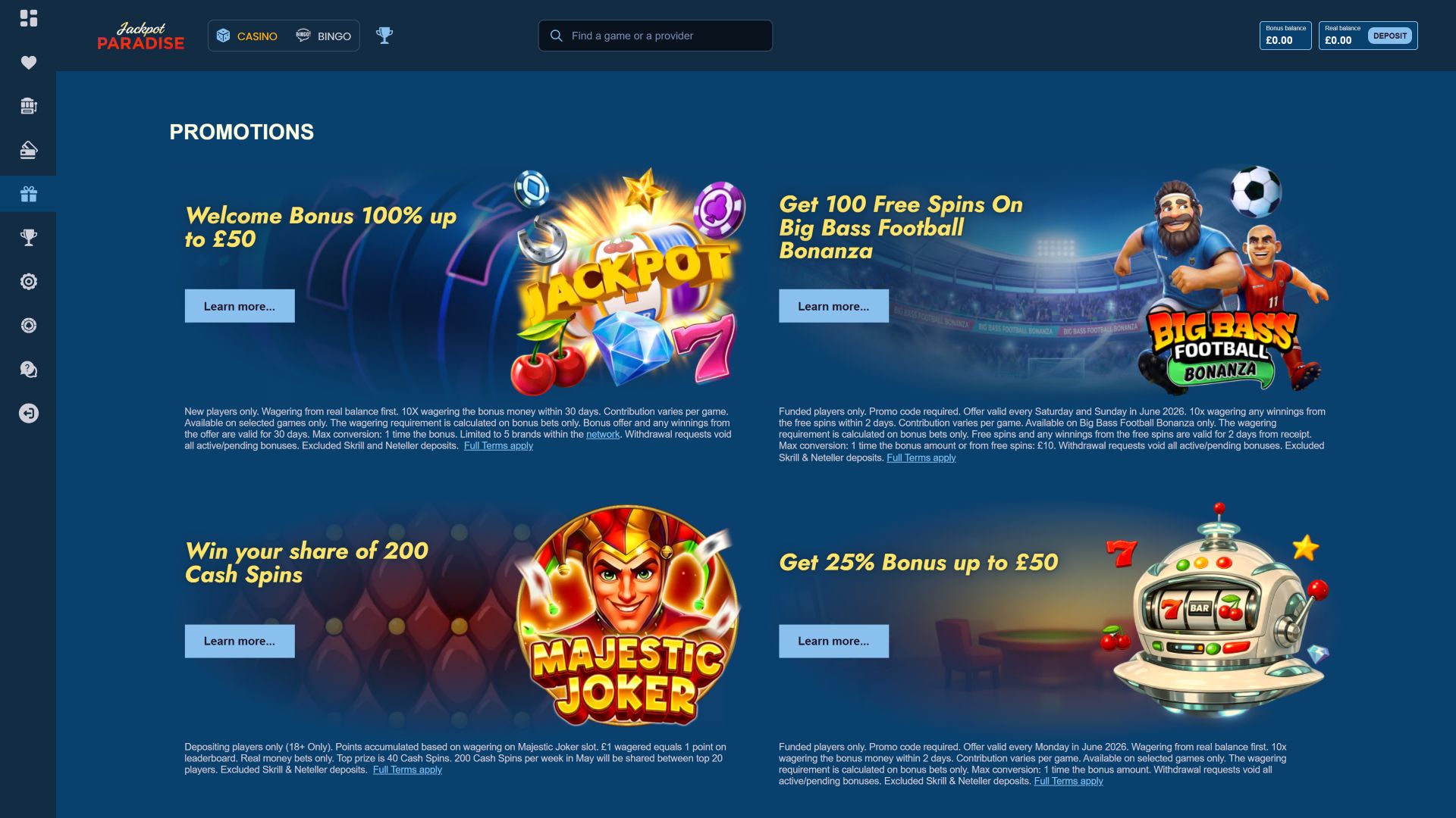 Promotions sur ordinateur du casino Jackpot Paradise