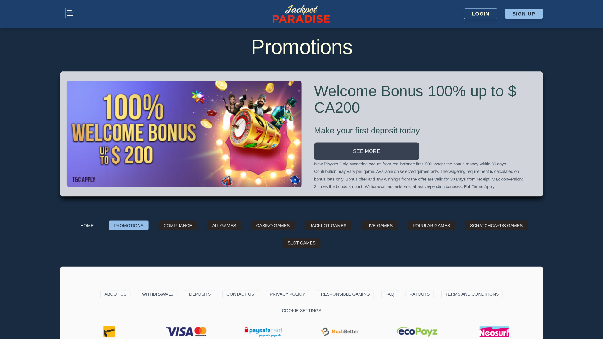 Promociones de Jackpot Paradise Casino para escritorio