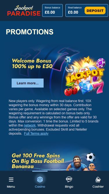 Promotions mobiles du casino Jackpot Paradise