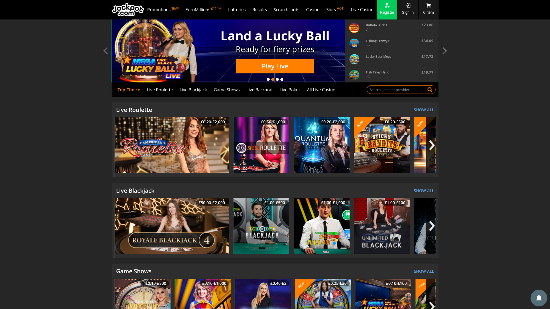 Casinò Jackpot.com con croupier dal vivo Desktop