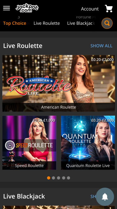 Jackpot.com Casino Live Dealer Mobile
