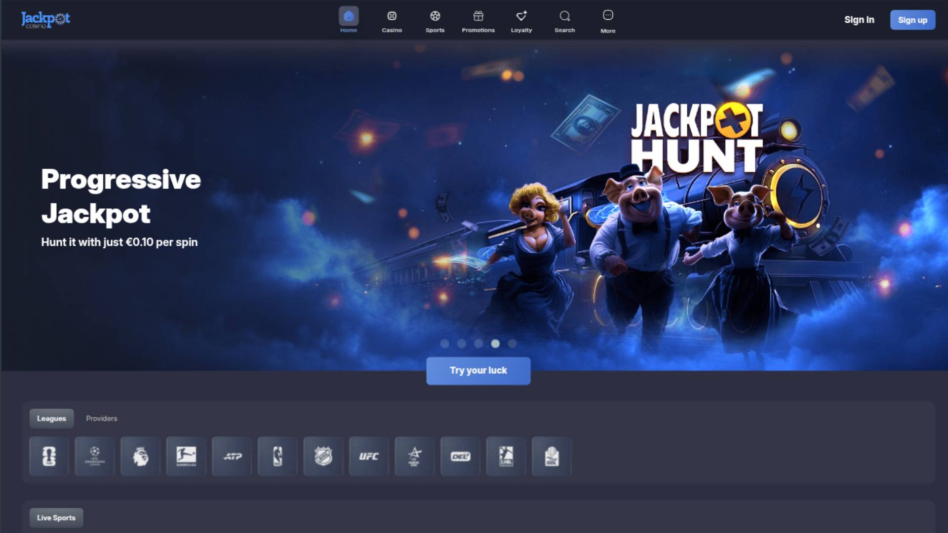Captura de pantalla de la página principal de Jackpot Casino