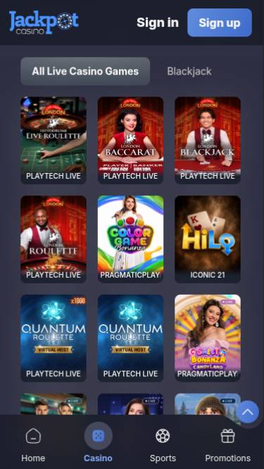 Captura de pantalla móvil en vivo de Jackpot Casino