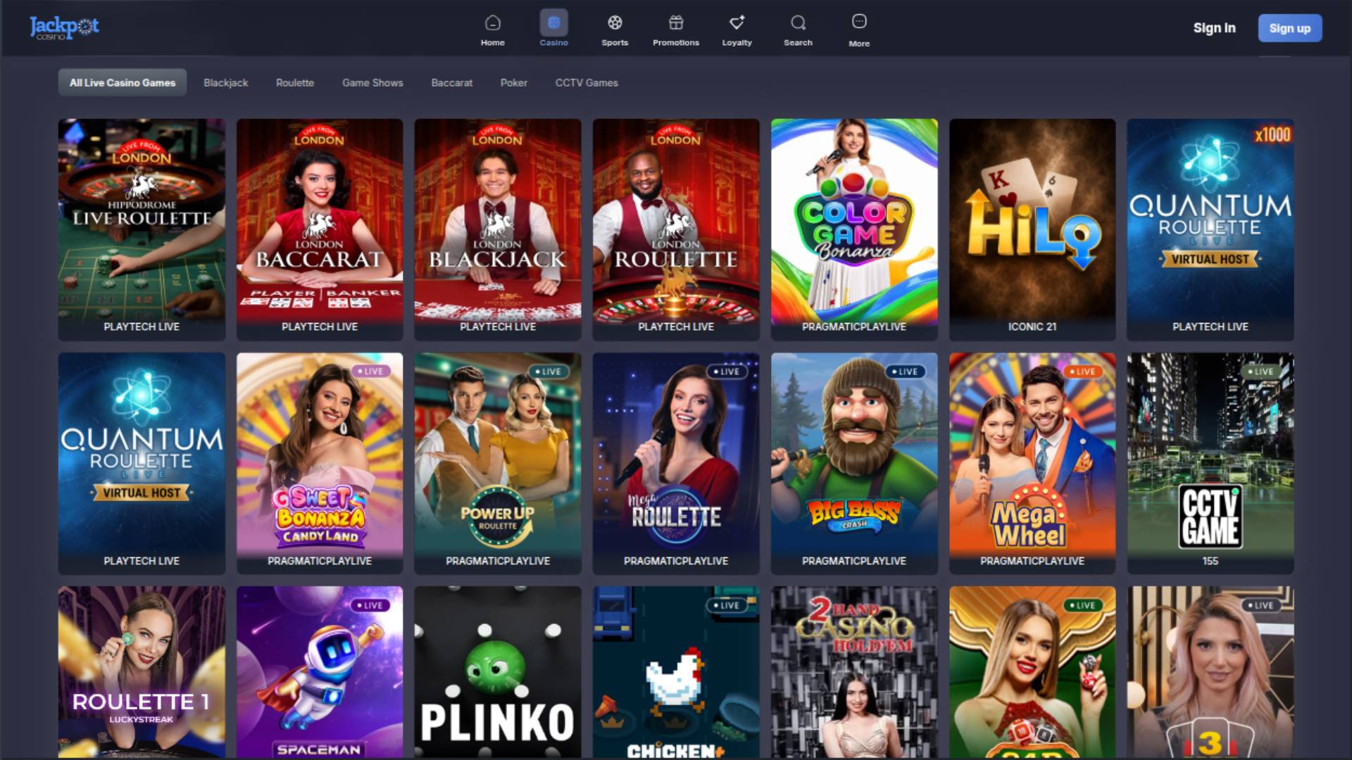 Captura de pantalla de la página en vivo de Jackpot Casino