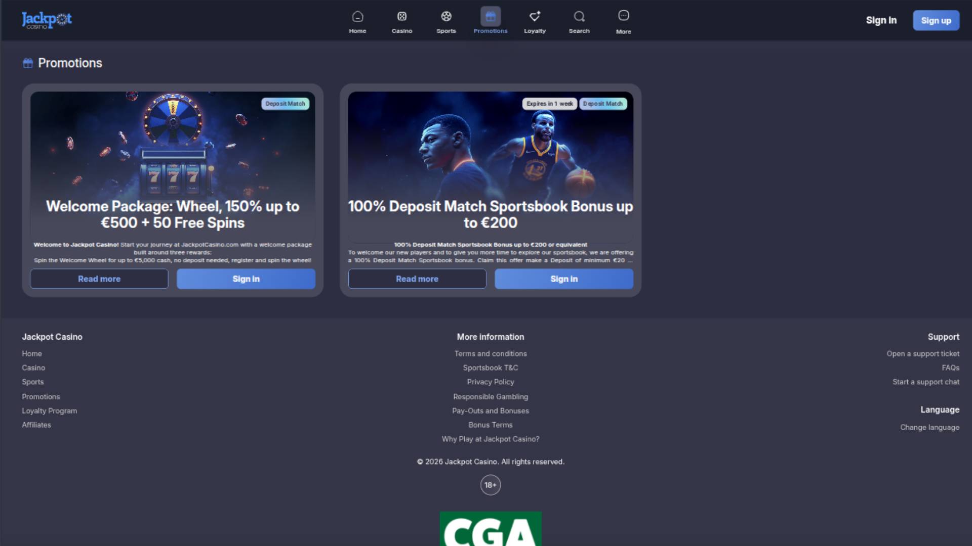 Captura de pantalla de la página de promociones de Jackpot Casino.