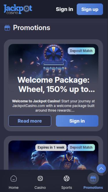 Captura de pantalla de la página móvil de promociones de Jackpot Casino