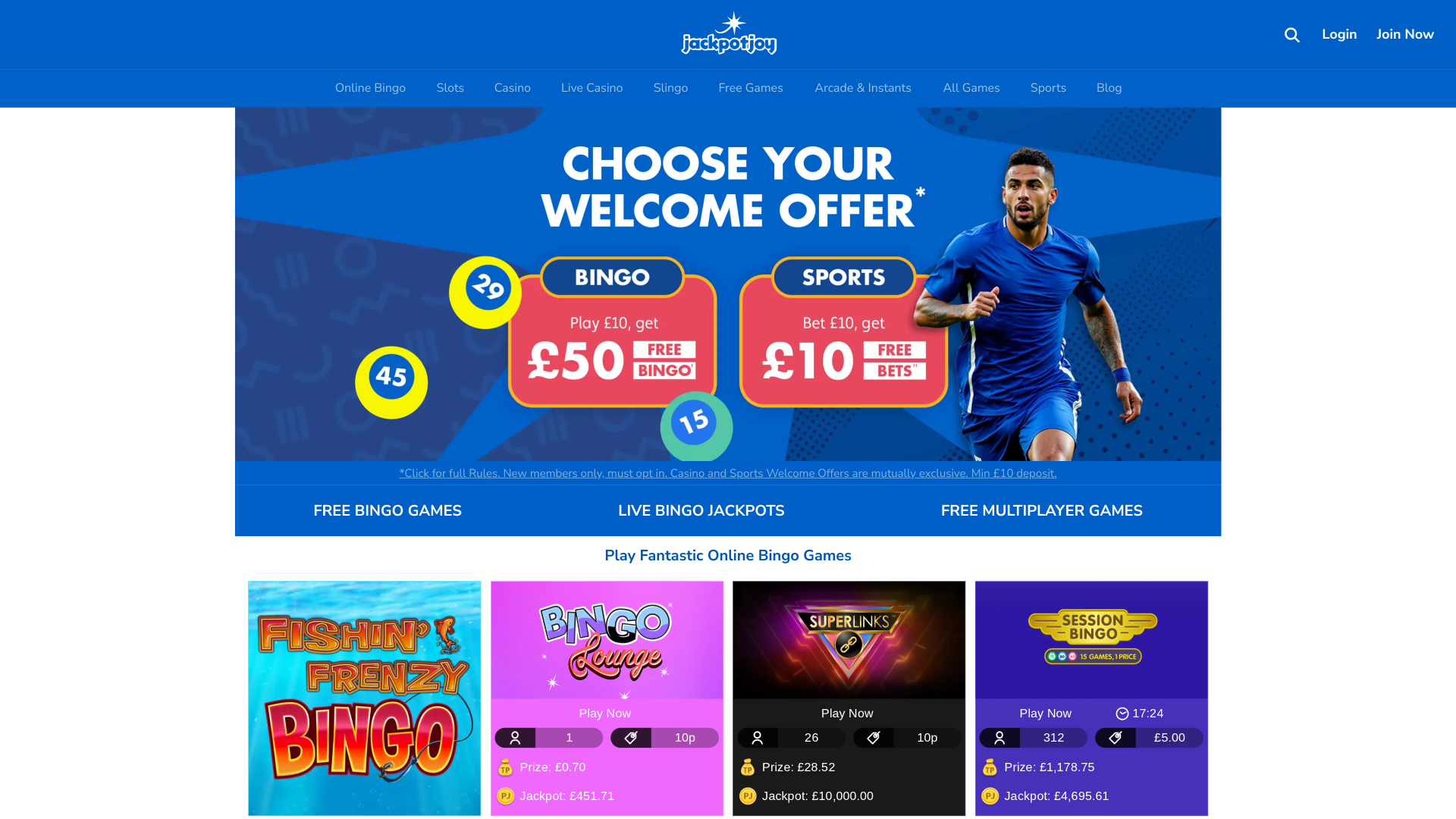 Page d'accueil du casino Jackpotjoy version ordinateur