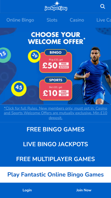 Page d'accueil mobile du casino Jackpotjoy