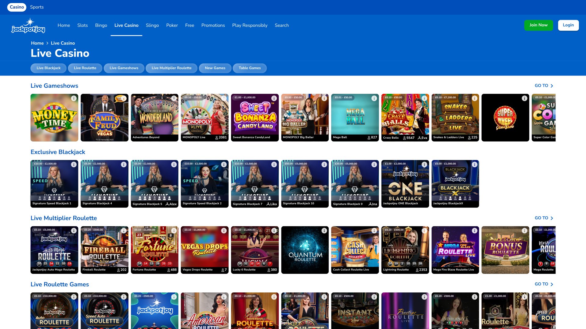 Jackpotjoy Casino avec croupier en direct sur ordinateur