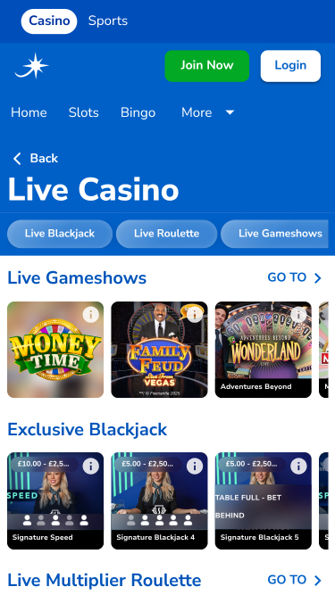Jackpotjoy Casino avec croupier en direct sur mobile