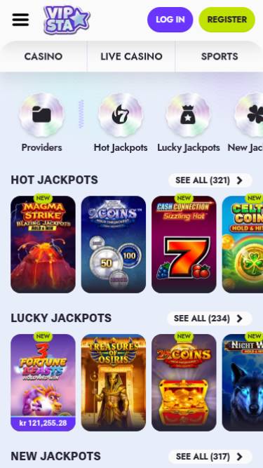 Capture d'écran de la page mobile Jackpot du casino Vipsta