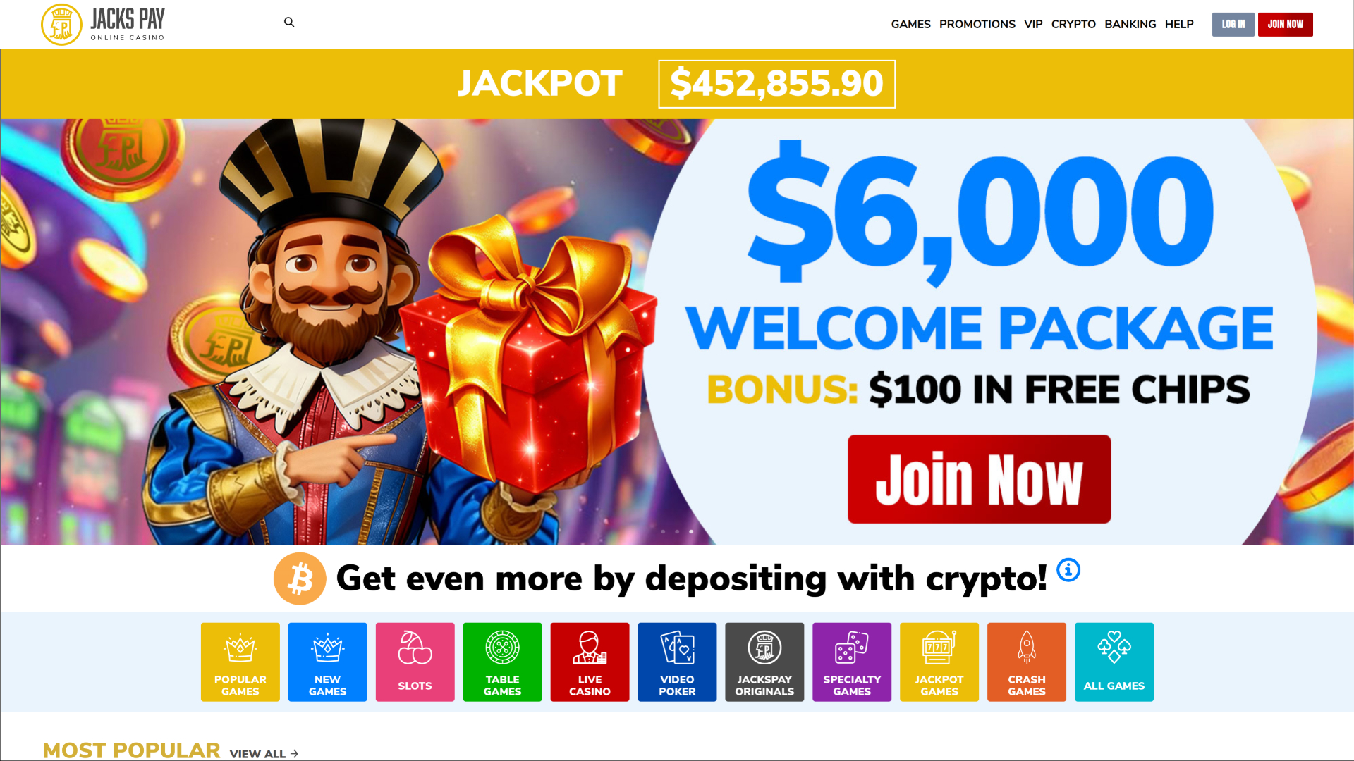 Page d'accueil du casino JacksPay pour ordinateur