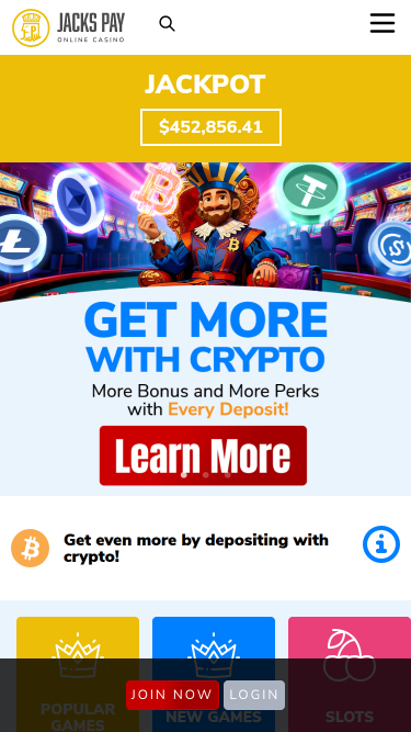Page d'accueil mobile du casino JacksPay