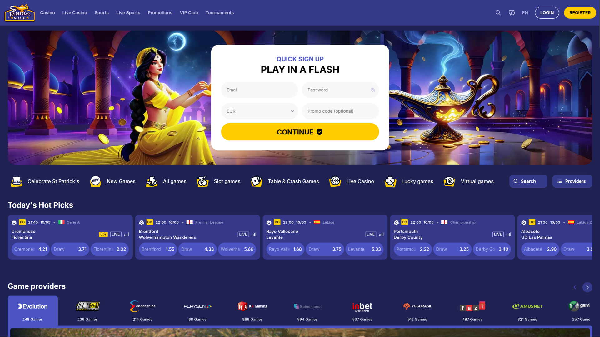 Pagina iniziale desktop di JasminSlots Casino