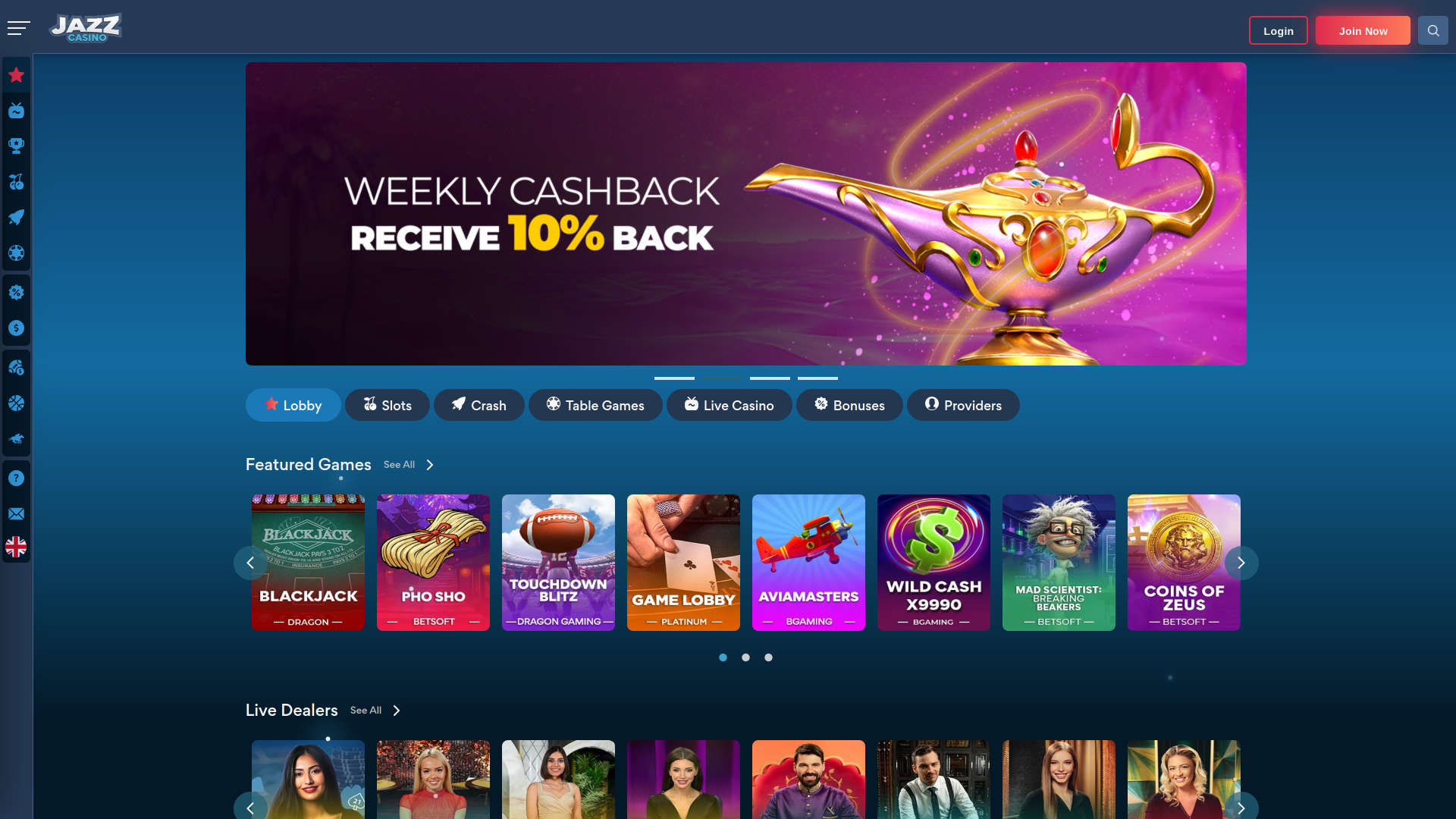 Page d'accueil du casino Jazz version ordinateur