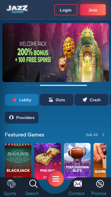 Page d'accueil mobile de Jazz Casino