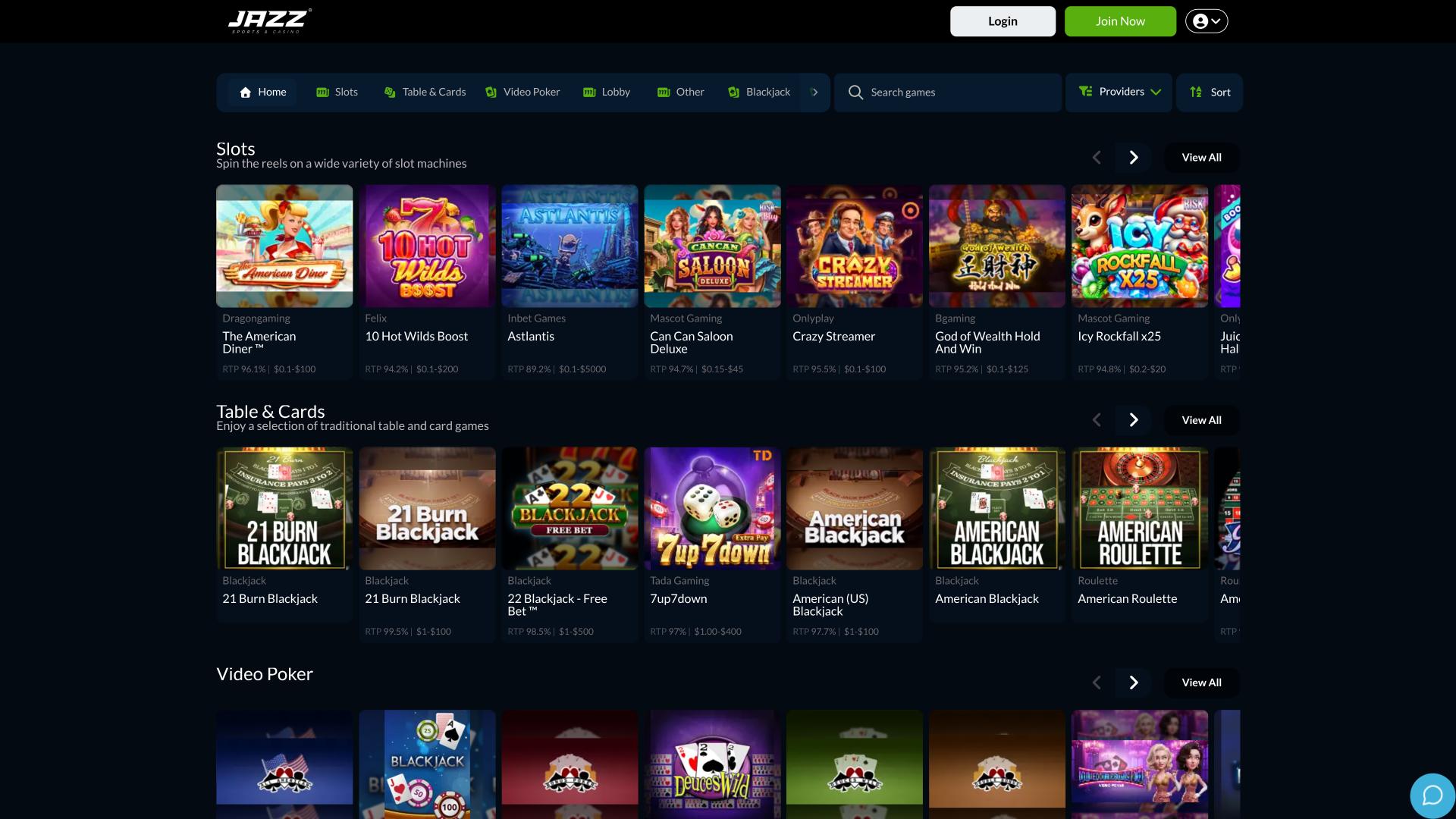 Página de juegos del casino Jazz Sports