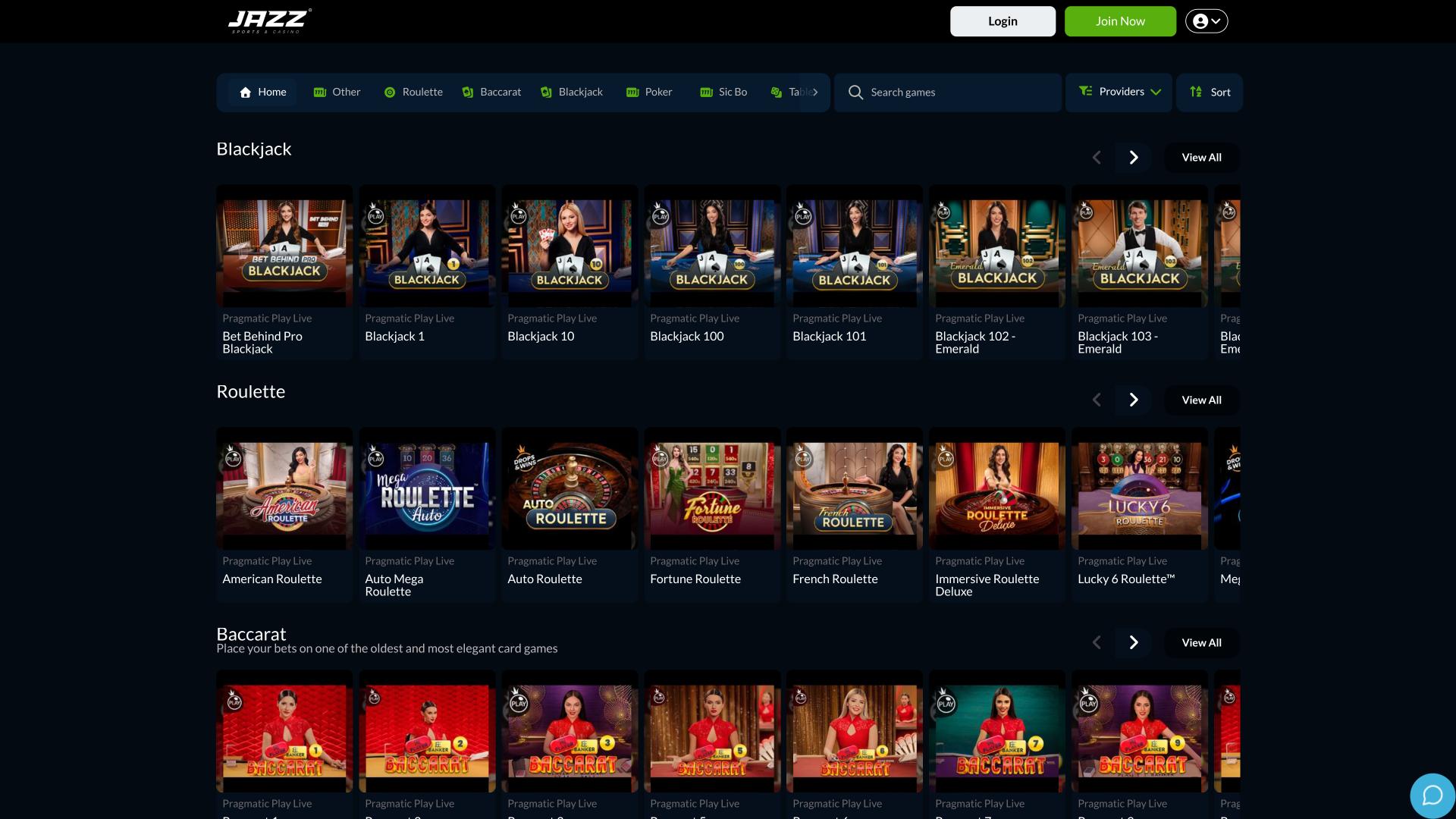 Página de crupier en vivo de Jazz Sports Casino