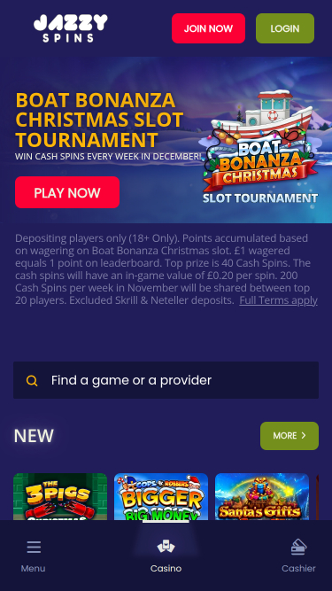 Jazzy Spins Casino Homepage Mobile