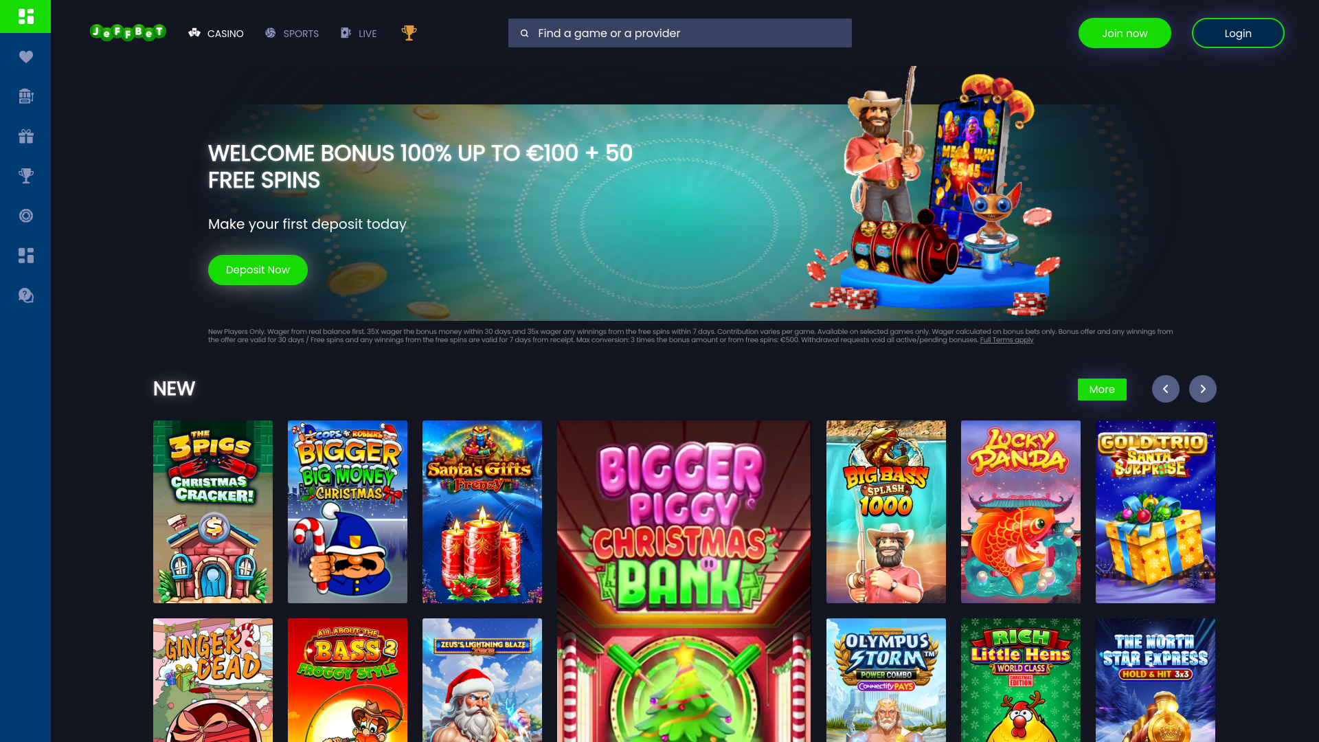 Página de inicio del casino Jeffbet para escritorio