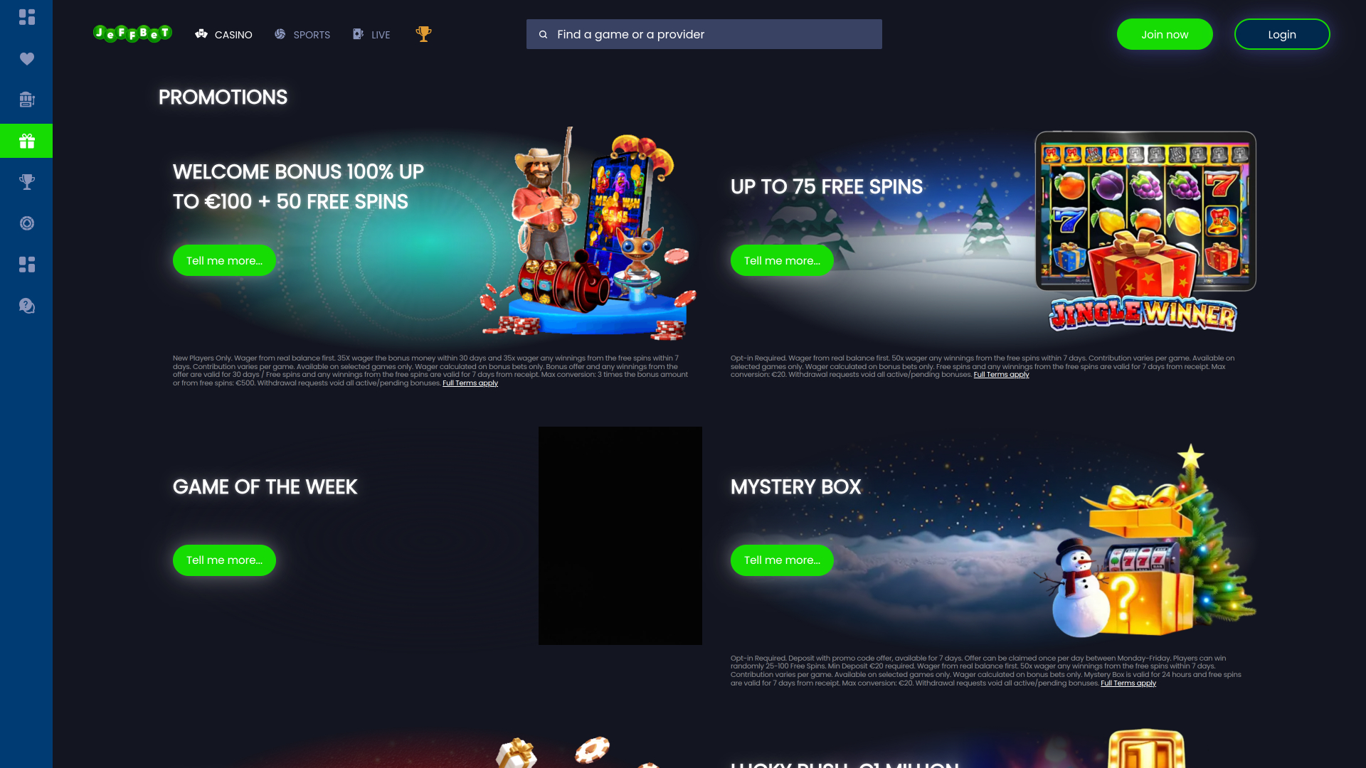 Promociones de Jeffbet Casino para escritorio