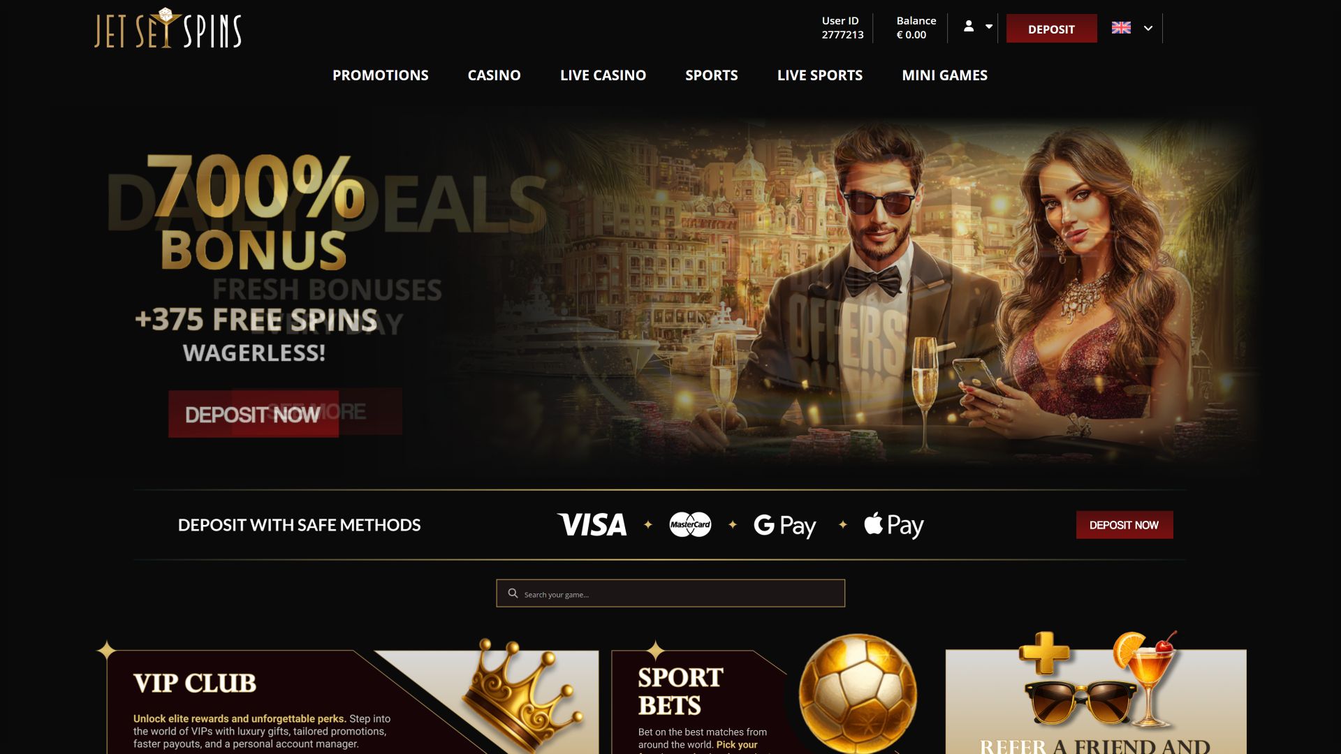 Page d'accueil du casino JetSetSpins pour ordinateur