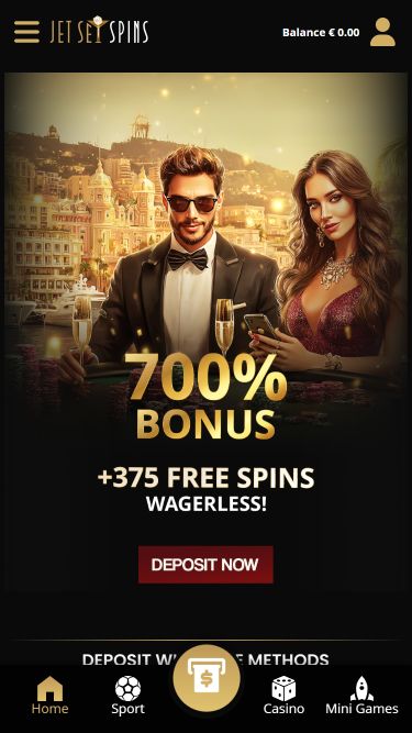 Page d'accueil mobile du casino JetSetSpins