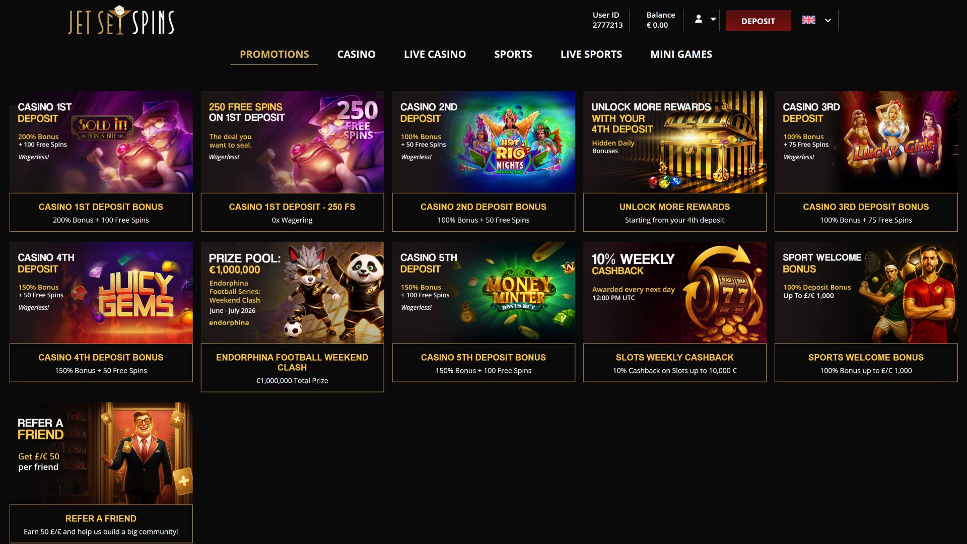 Promotions pour ordinateur de bureau du casino JetSetSpins