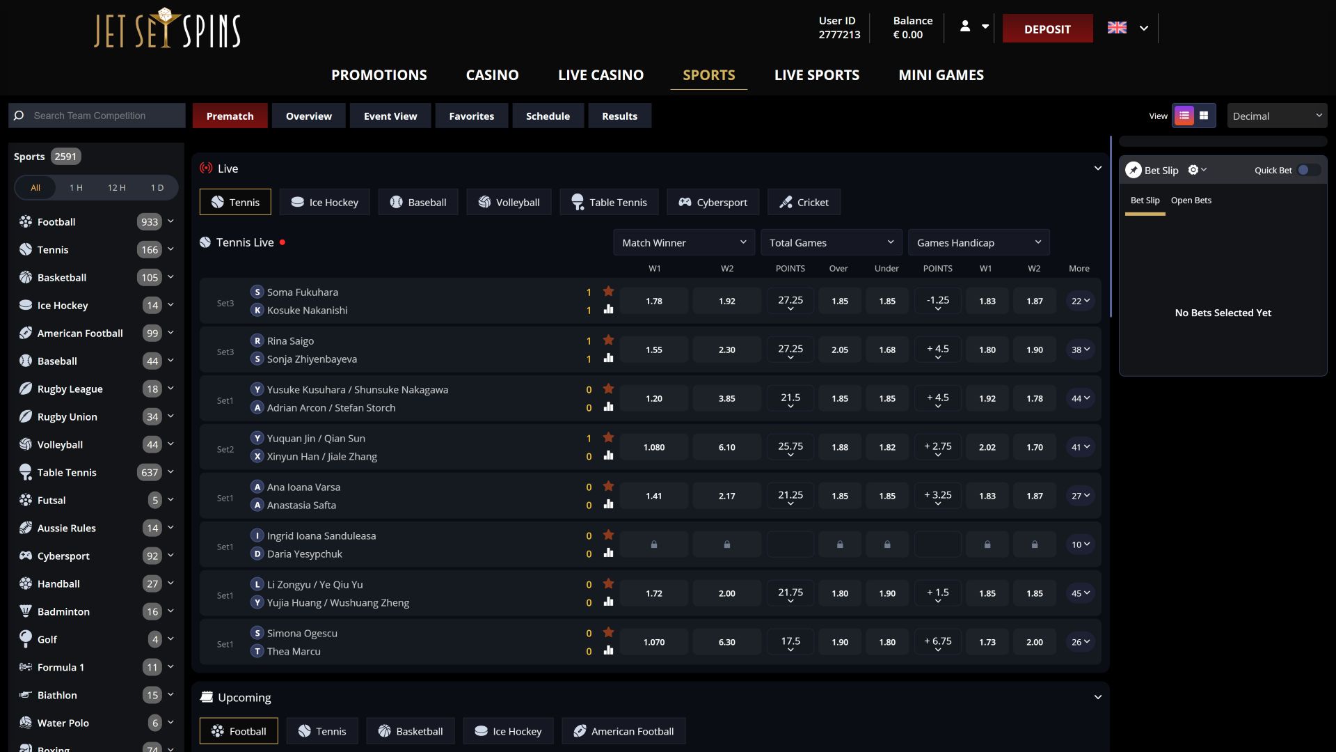 JetSetSpins Casino Sports sur ordinateur