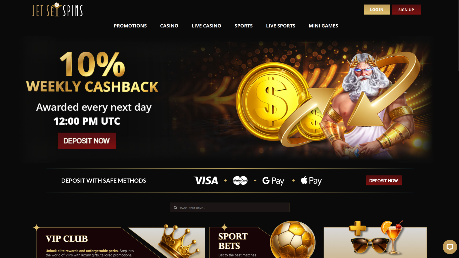 JetSetSpins Casino Desktop Homepage