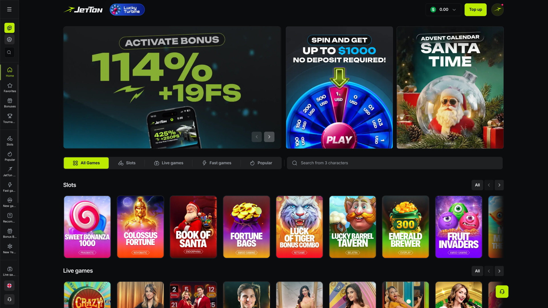 Página de inicio del casino Jetton Games para escritorio