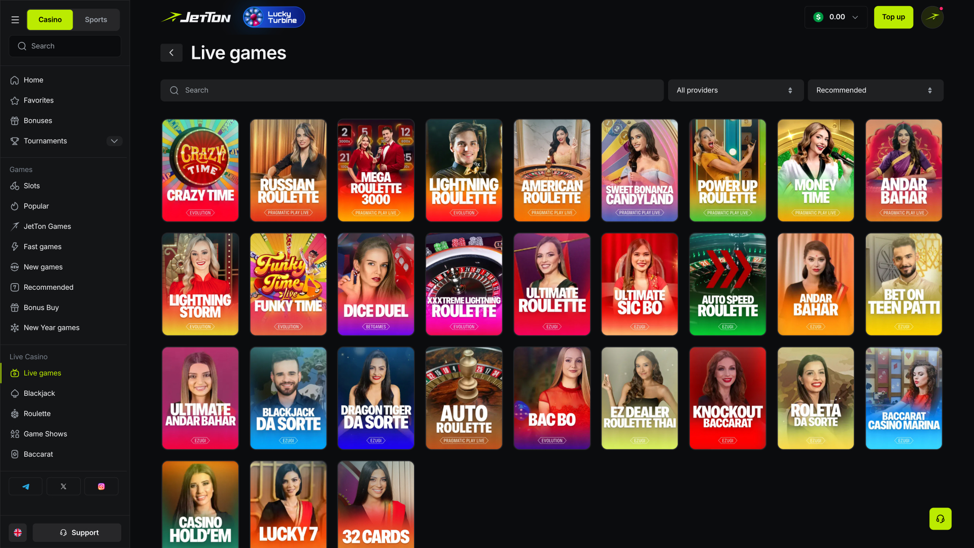 Casino Jetton Games con crupier en vivo para escritorio