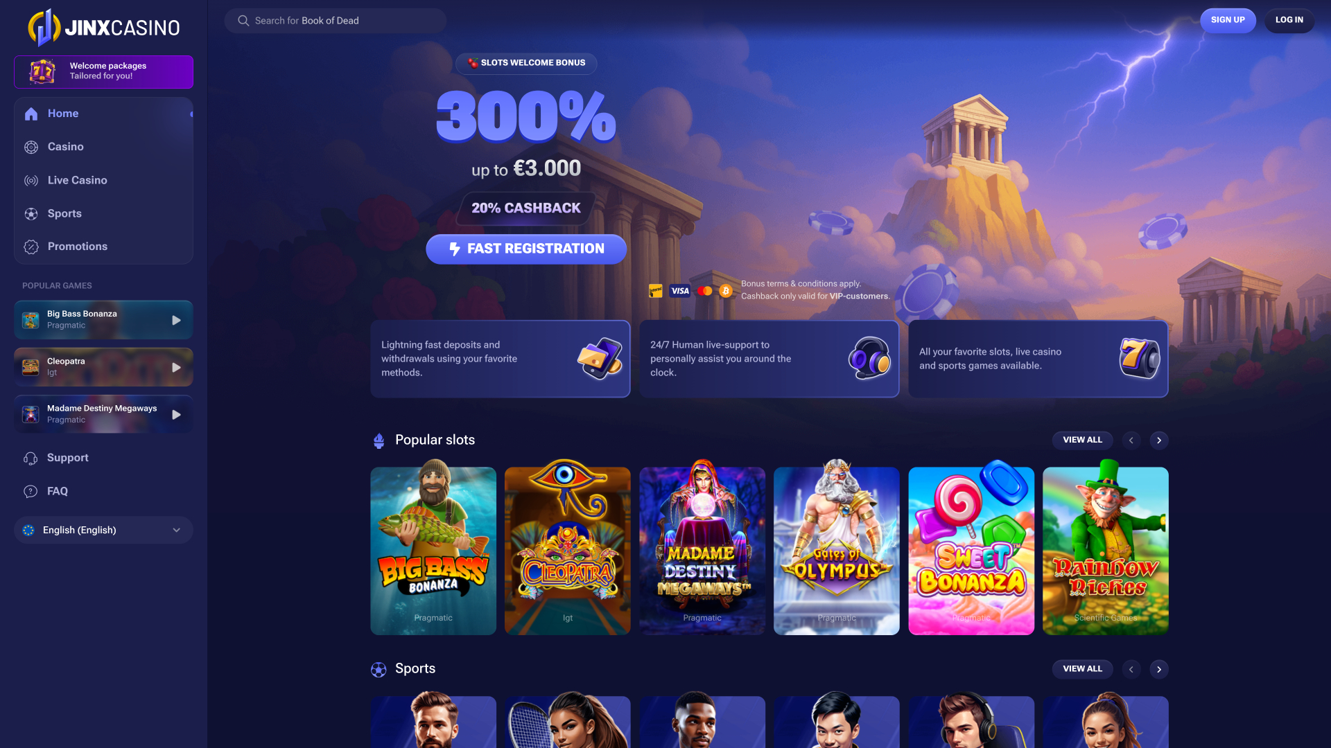 Page d'accueil du casino Jinx version ordinateur
