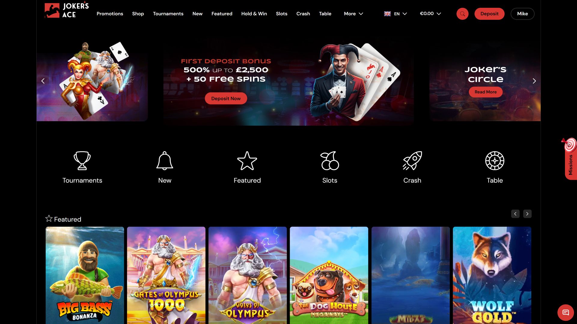 Page d'accueil du casino Joker's Ace (version ordinateur)