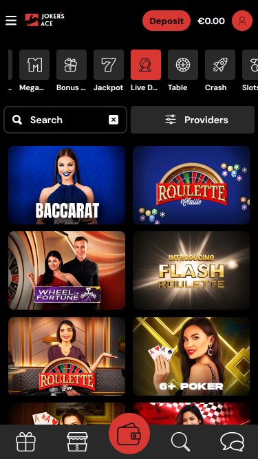 Casino mobile Joker's Ace avec croupier en direct