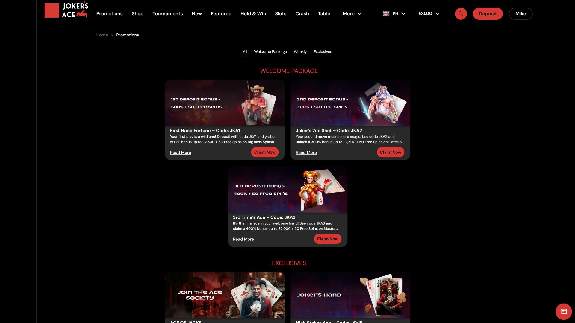 Promotions sur ordinateur du casino Joker's Ace