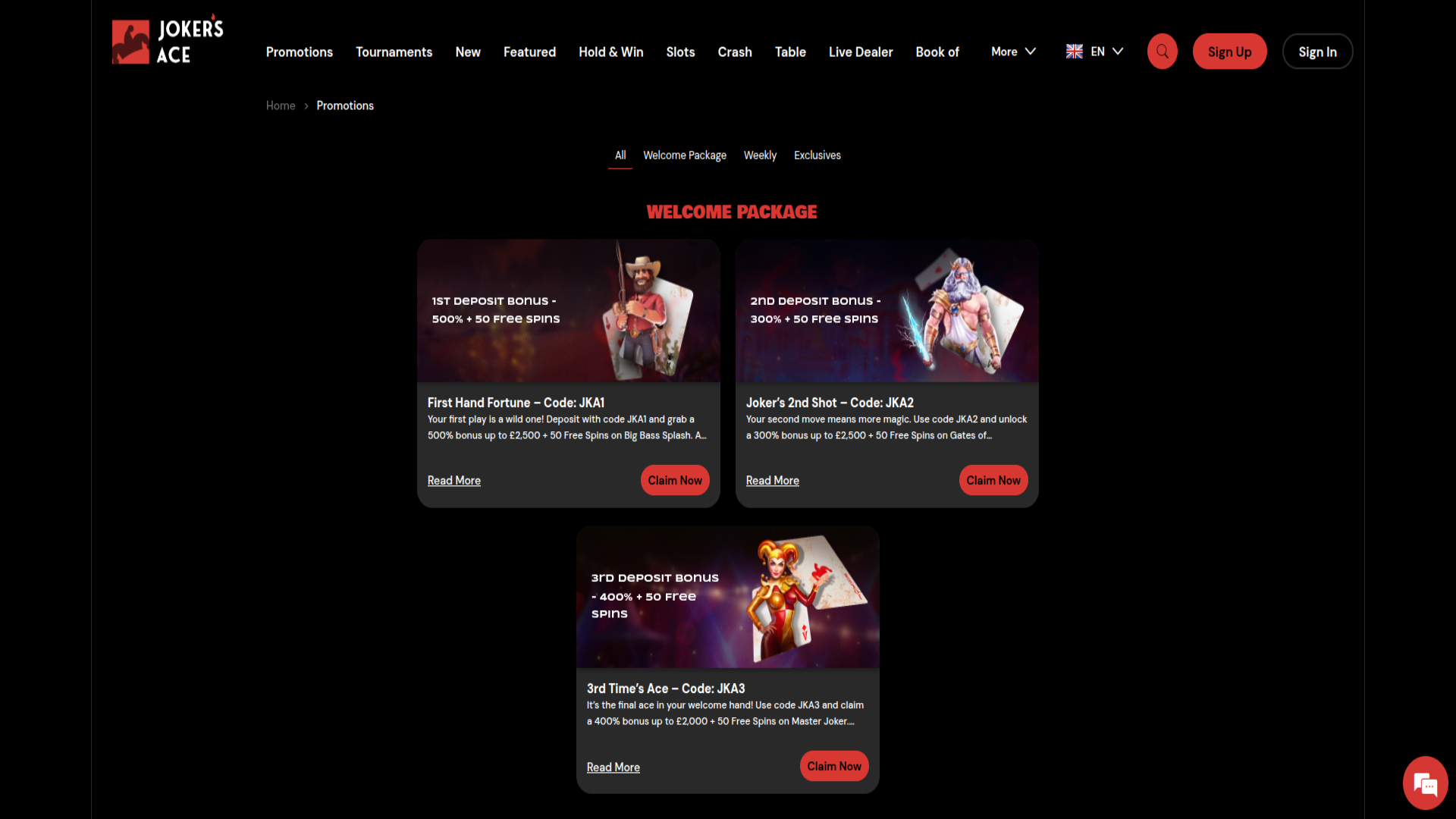 Screenshot delle promozioni di Joker's Ace Casino per desktop