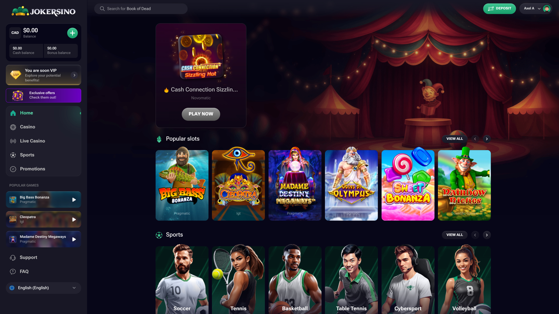 Page d'accueil de Jokersino version ordinateur