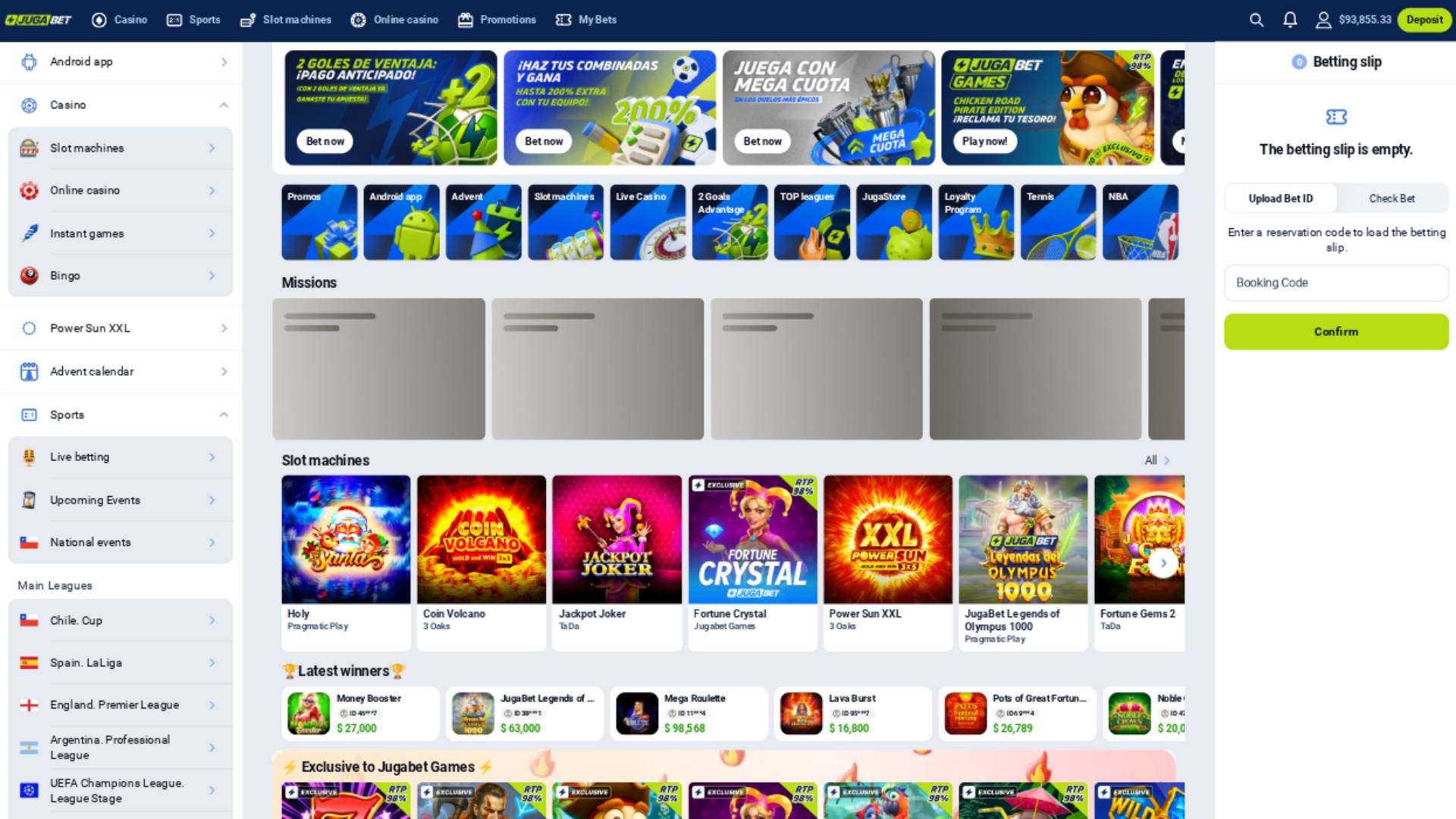 Capture d'écran de la page d'accueil du casino Jugabet