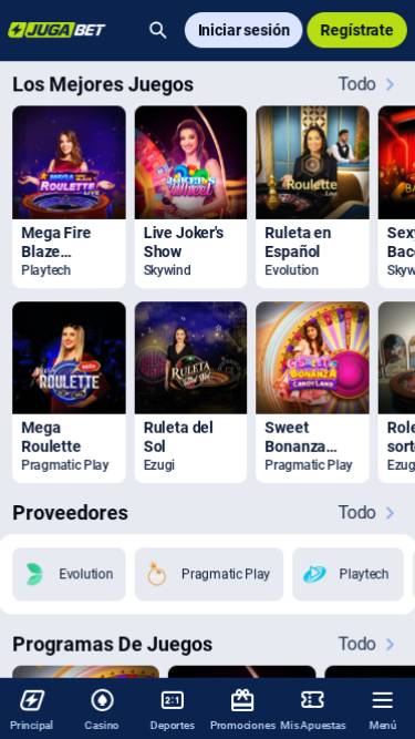 Capture d'écran de la page mobile en direct du casino Jugabet