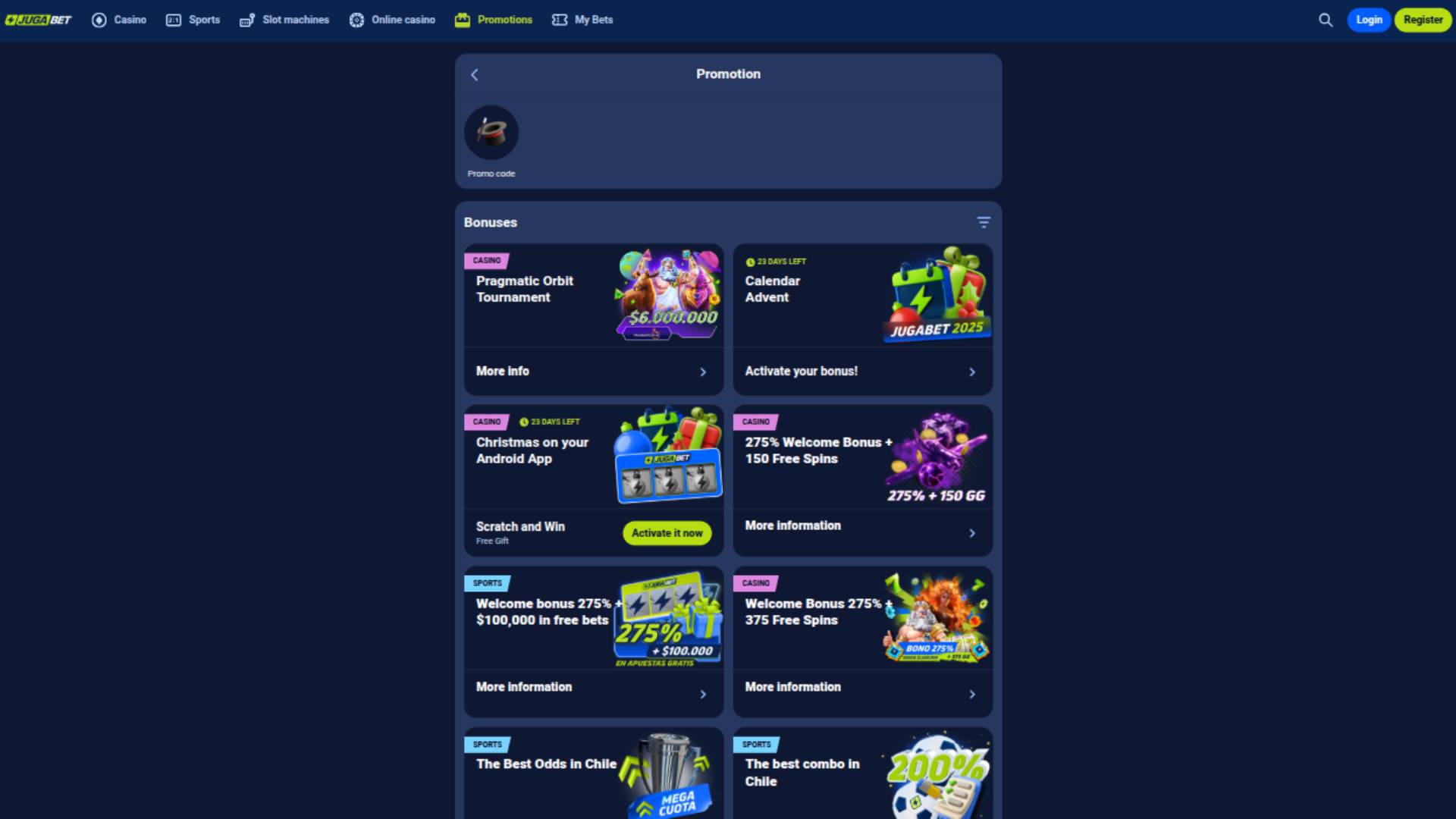 Capture d'écran de la page des promotions du casino Jugabet