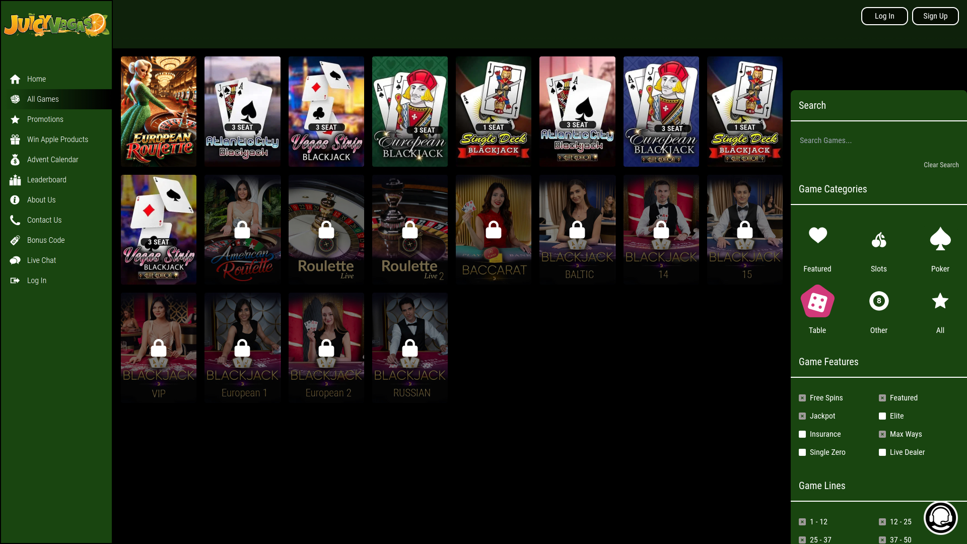 Casino Juicy Vegas de escritorio con crupier en vivo