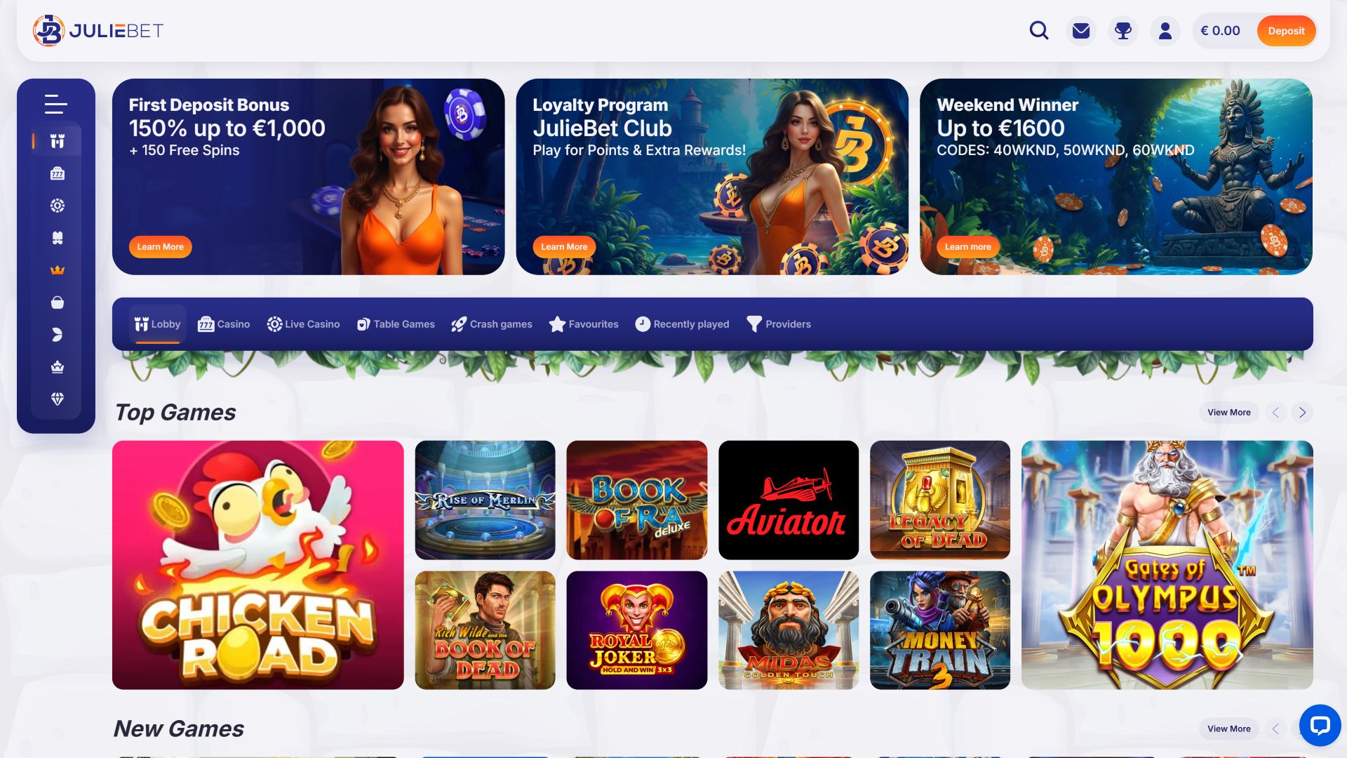 Page d'accueil du casino Juliebet pour ordinateur