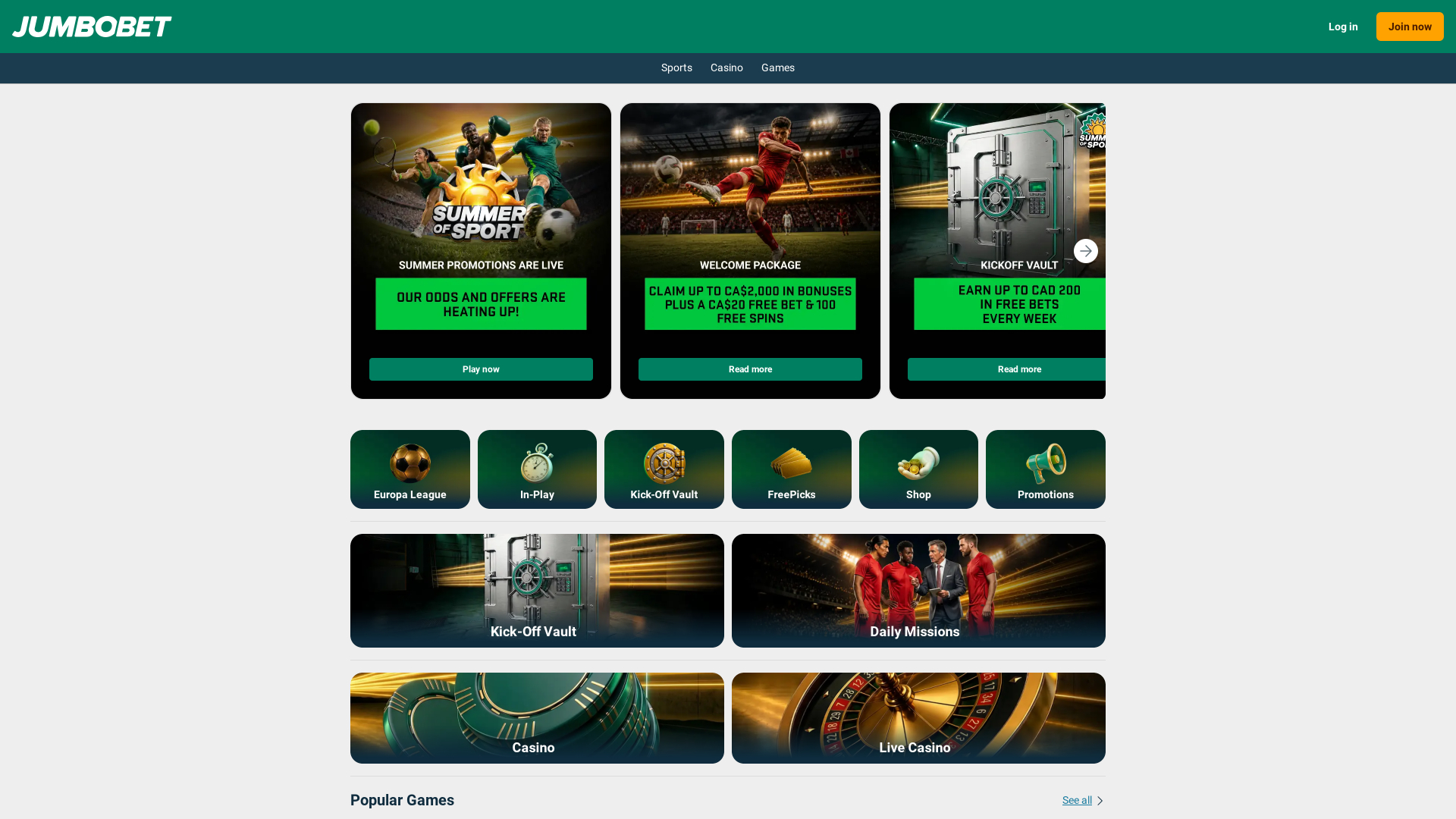 Captura de pantalla de la página principal del casino JumboBet